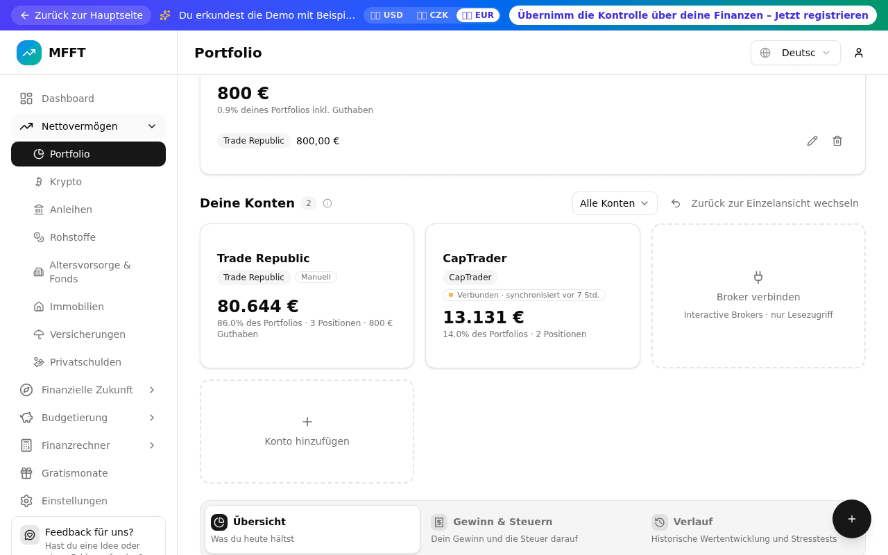 Die Portfolio-Seite in MFFT: die Kontokacheln Trade Republic (als Manuell markiert) und CapTrader mit dem Hinweis „Verbunden · synchronisiert vor 7 Std.", daneben eine gestrichelte Kachel „Broker verbinden · Interactive Brokers · nur Lesezugriff", darunter die Reiter Übersicht, Gewinn & Steuern und Verlauf