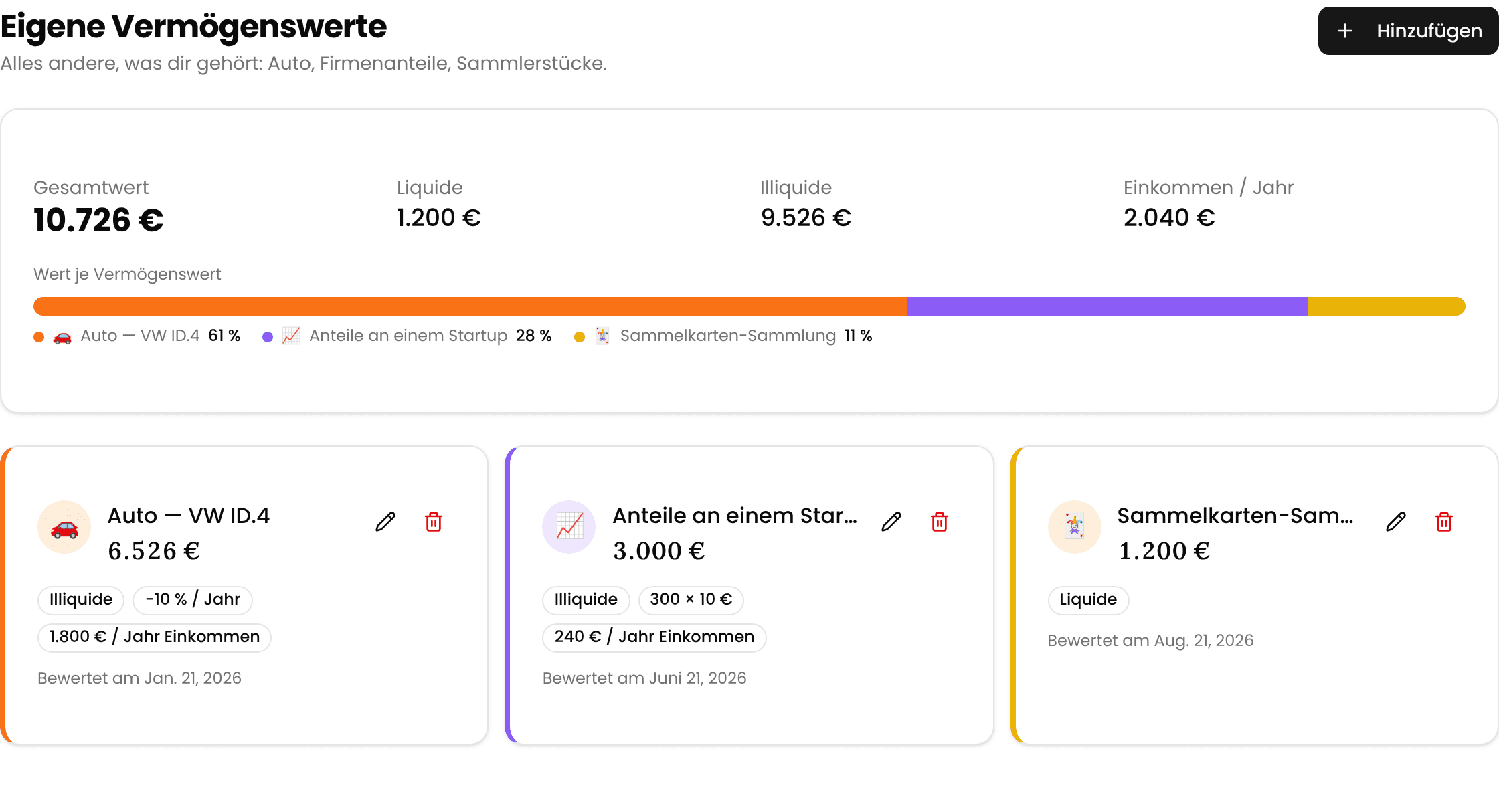 Der Reiter Eigene Vermögenswerte in MFFT mit einem Gesamtwert von 10.726 €, aufgeteilt in liquide und illiquide, mit 2.040 € Einkommen im Jahr, einem Balken je Vermögenswert und drei Karten: ein VW ID.4 mit −10 % pro Jahr und 1.800 € Jahreseinkommen, Anteile an einem Startup als 300 Stück bewertet, und eine Sammelkarten-Sammlung