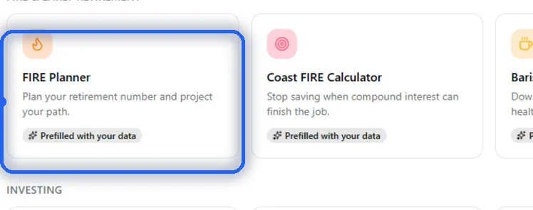 Finanzrechner-Hub von Meine Finanzfreiheit mit FIRE-, Mieten-oder-Kaufen- und Nettovermögens-Perzentil-Tools, jeweils mit deinen Daten vorausgefüllt