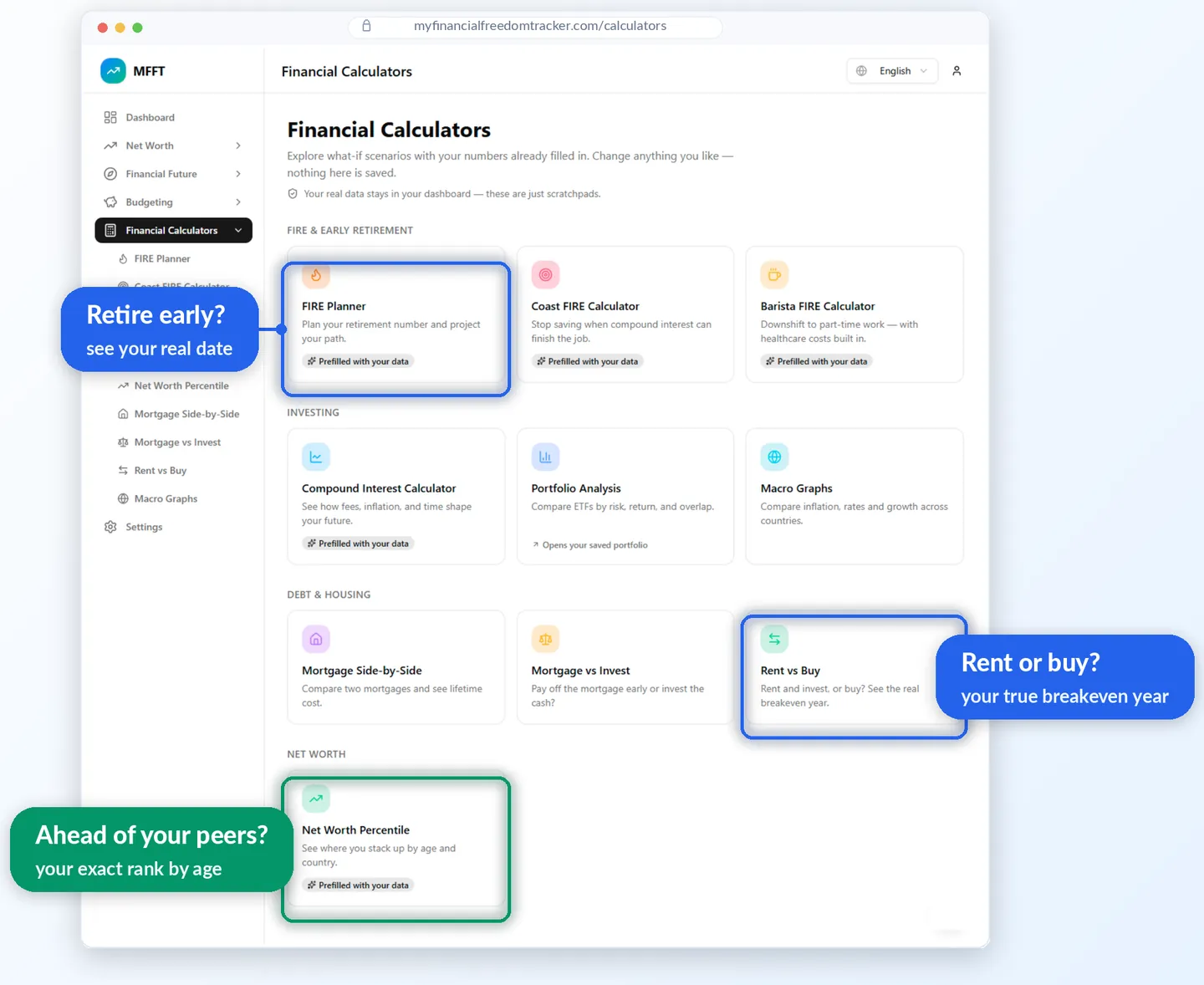 Finanzrechner-Hub von Meine Finanzfreiheit mit FIRE-, Mieten-oder-Kaufen- und Nettovermögens-Perzentil-Tools, jeweils mit deinen Daten vorausgefüllt