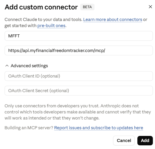 Claudes Dialog „Benutzerdefinierten Connector hinzufügen“ mit ausgefüllter Connector-URL von Meine Finanzfreiheit.