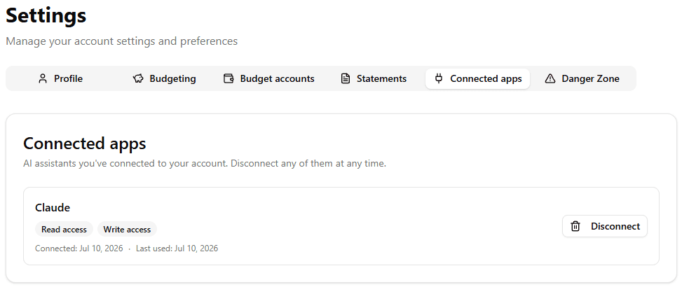 Der Tab „Verbundene Apps“ in den Einstellungen von Meine Finanzfreiheit zeigt die verbundene Claude-App mit Lese- und Schreibzugriff sowie einer Schaltfläche „Trennen“.